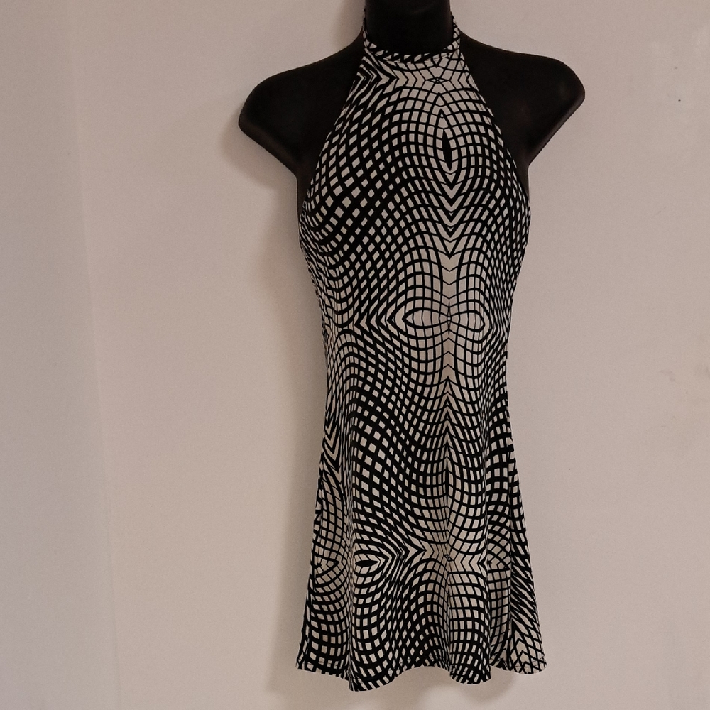 Orsay Black and White Abstract Halter Super Mini Dress Misses XS